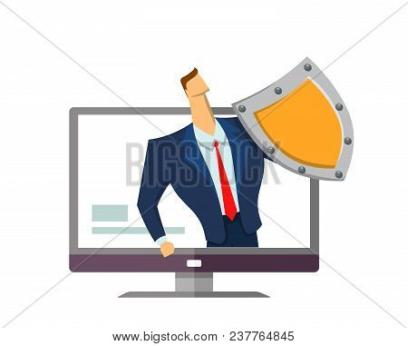 Man In Business Suit With A Shield Standing Out From Computer Monitor. Protecting Your Personal Data