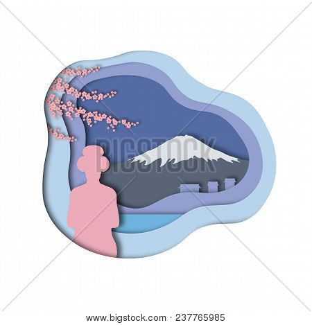 Paper Art Style Background. Geisha And Moutain Fujiama. Vector Illustrtion.