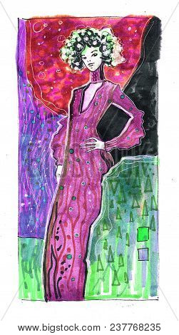 Curly Woman In Violet. Abstraction. A Background From Yellow, Green And Black Color Fields