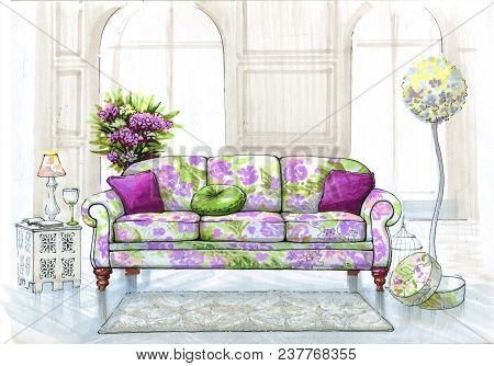 Multi-color Sofa With A Violence Pillows. Casual Lamp And Carpet On The Floor