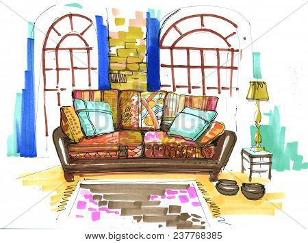 Big Sofa With A Pillows, In A Motley Colors, Carpet, Lamp. Windows In A Brick Wall On A Background