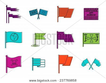 Flags Icon Set. Color Outline Set Of Flags Vector Icons For Web Design Isolated On White Background