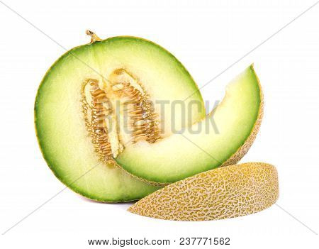 Cantaloupe Melon Isolated On White Background. Juicy And Sweet Cantaloupe Melon Isolated On White Ba