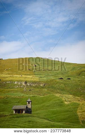 Idyllic Landscape, A Church In The Dolomites Alp