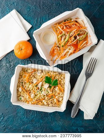 Healthy Food Delivery. Pilov From Bulgur With Chicken, Cabbage Salad With Carrots, Tomatoes And Cucu