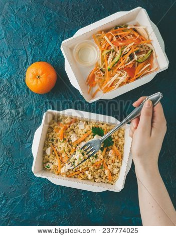 Healthy Food Delivery. Pilov From Bulgur With Chicken, Cabbage Salad With Carrots, Tomatoes And Cucu