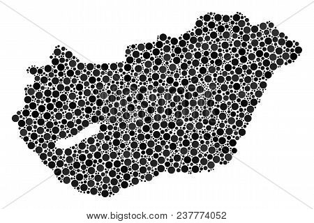 Hungary Map Collage Of Round Dots In Variable Sizes. Scattered Filled Circles Are United Into Hungar