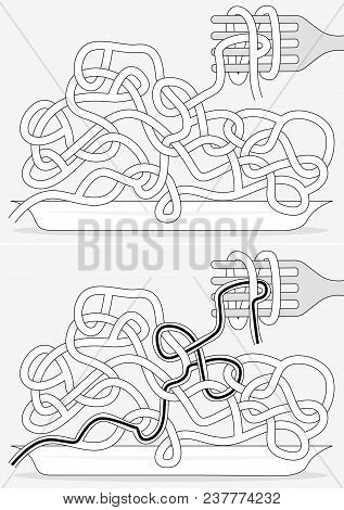 Spagetti Maze For Kids With A Solution In Black And White