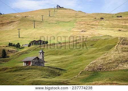 Idyllic Landscape, A Church In The Dolomites Alp