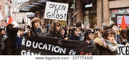 Strasbourg, France  - Mar 22, 2018: Wide Image Of Demonstration Protest Against Macron French Govern