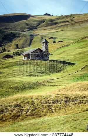 Idyllic Landscape, A Church In The Dolomites Alp