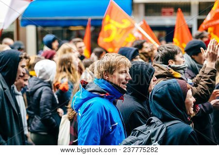 Strasbourg, France  - Mar 22, 2018: Man Making Noise Wtih Voice At Demonstration Protest Against Mac