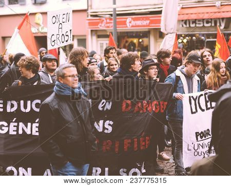 Strasbourg, France  - Mar 22, 2018: Filter Vintage Over Demonstration Protest Against Macron French 