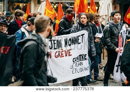 Strasbourg, France  - Mar 22, 2018: Young People At Demonstration Protest Against Macron French Gove