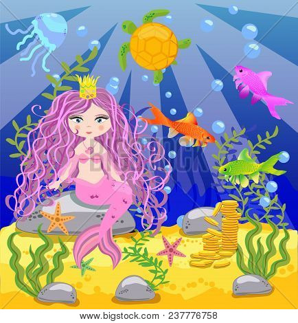 Vector Background With An Underwater World In A Children's Style. A Mermaid Is Sitting On A Rock. Wo