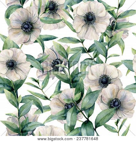 Watercolor Seamless Pattern With Classic Anemone. Hand Painted White Flower Abd Eucalyptus Leaves Is