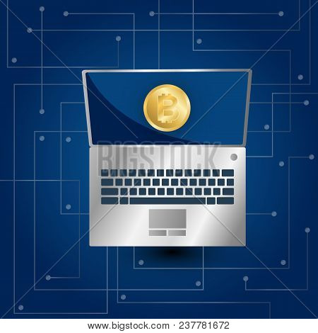 Vector Illustration. Template. Bitcoin Icon And Laptop On Blue Gradient Background