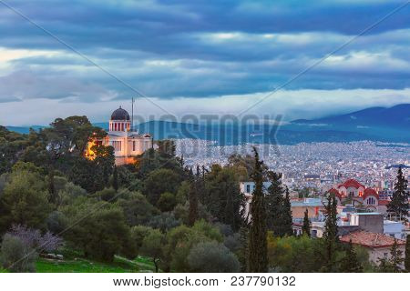 Aerial View Of The Church Of St Marina In Thissio During Evening Blue Hour In Athens, Greece