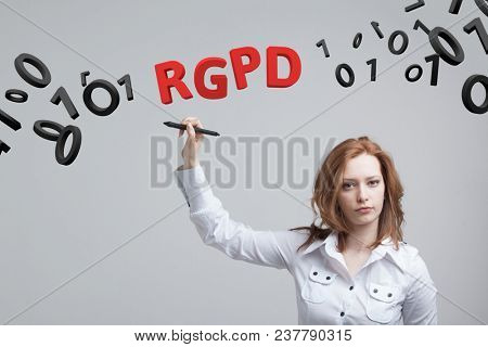 RGPD, Spanish, French and Italian version version of GDPR: Reglamento General de Proteccion de datos. General Data Protection Regulation. Young woman working with information.