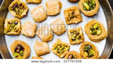 Arabic Dessert With Pistachio On A Plate Top View