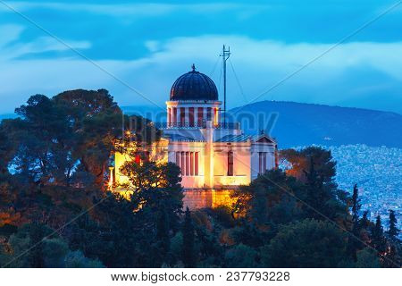 Aerial View Of The Church Of St Marina In Thissio During Evening Blue Hour In Athens, Greece