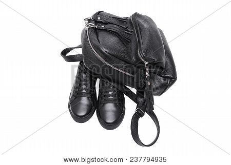 Shoes And Leather Backpack. Isolated On White Background.