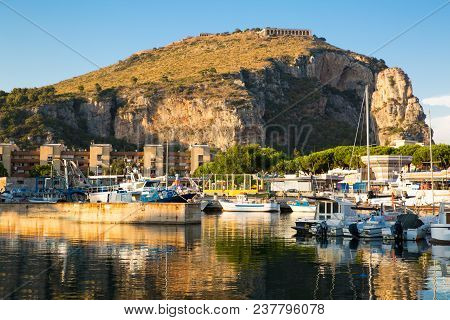 Terracina, Port, Platform Of Sanctuary Of Jupiter Anxur. A Lot Of Boats And Yachts Stay In The Port.