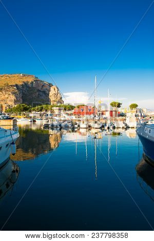 Terracina, Port, Platform Of Sanctuary Of Jupiter Anxur. A Lot Of Boats And Yachts Stay In The Port.