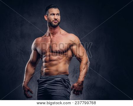 Portrait Of A Shirtless Tall Huge Male With A Muscular Body With A Stylish Haircut And Beard, In A S