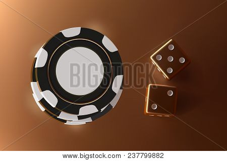 Casino Background Dice And Chips. Top View Of Golden Dice And Chips On Gold Background. Online Casin
