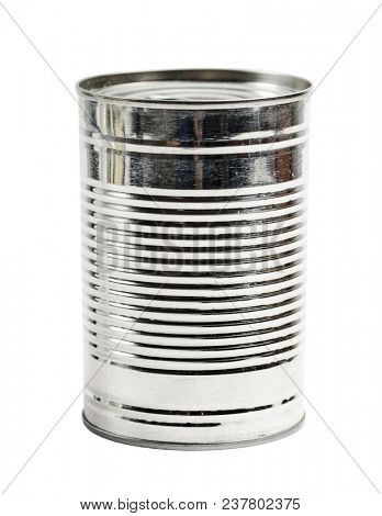 Closed metal tin can on white background. Clipping parh included