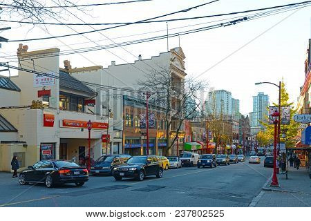 Vancouver - Nov 14, 2014: Chinatown Historic Buildings On Pender Street Between Columbia Street And 