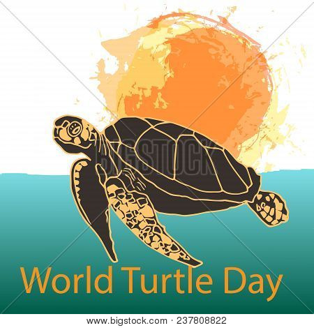 World Turtle Day 23 May Background. Turtle Swims In The Ocean Against The Background Of The Sun. Vec