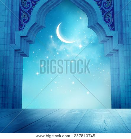 Islamic greeting Eid Mubarak cards for Muslim Holidays.Eid-Ul-Adha festival celebration.Ramadan Kareem background with  mosque window and table