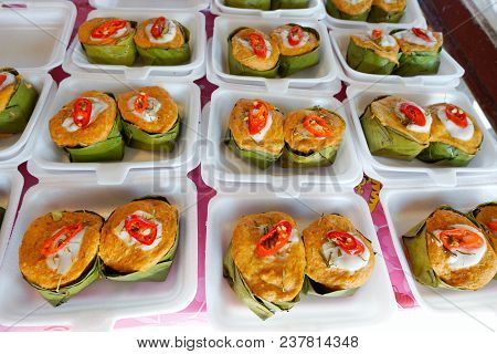 Thai Food Style, Steamed Curried Fish In A Banana Leaf Cup At Street Food,scomberomorus Curry Steame