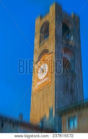 Civic Tower (torre Civica Campanone) In Citta Alta (old Town) Of Bergamo, Lombardy, Italy. Motion Bl