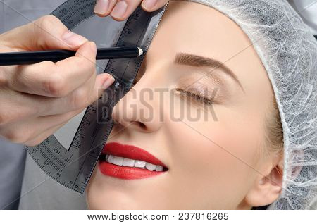 Microblading. Permanent Makeup. Attractive Woman Getting Facial Care And Tattoo