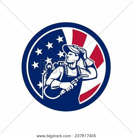 Icon Retro Style Illustration Of An American Lit Operator Or Welder With Visor Holding Welding Torch