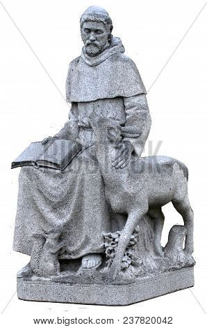 A Statue Of Saint Francis Of Assisi, Patron Saint Of Animals. Isolated On White.