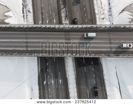 Beautiful Sunrise Aerial View Above Highway. Car Travel Concept
