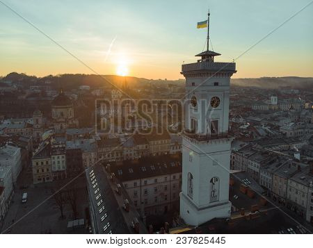 Beauty Panoramic View On Sunrise Over Old European City