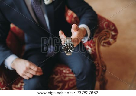 Wedding Preparations Of The Groom. Clock. Groom Accessories