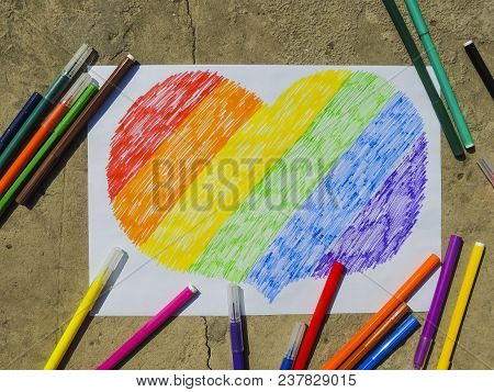 Photo Of The Rainbow Heart On The Asphalt. Symbols Of Lgbt People.