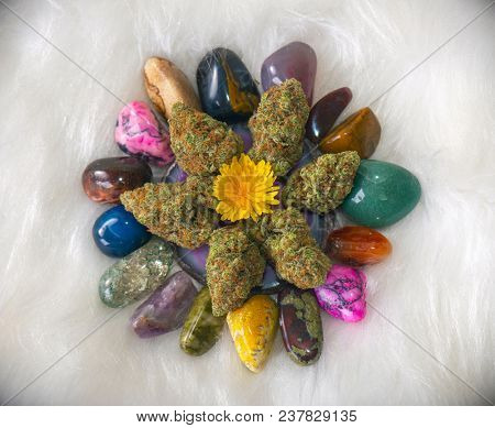 Cannabis buds (sour tangie strain) isolated on white with colorful geodes - Medical marijuana concept background