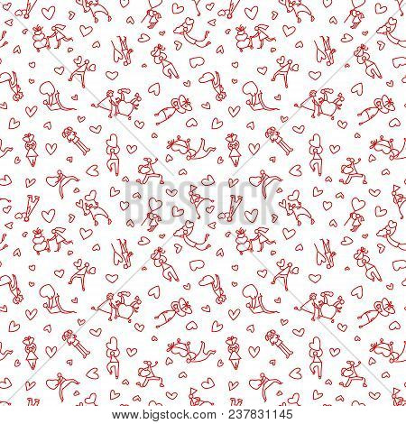 Valentine Day People Background. Seamless Pattern With Shopping Men And Women With Hearts And Shoppi