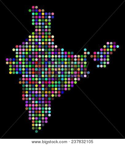 Colored Pixel India Map. Vector Geographic Map In Bright Colors On A Dark Background. Bright Vector 