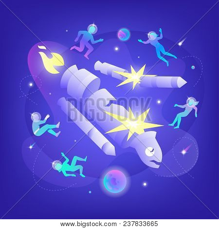 Vector Illustration Of People In Spacesuits Flying Apart While Rocket Crashing In Space. Business Me