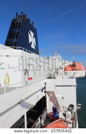 Dunkirk, France, April 3 2018: On Board The Cross Channel Ferry Of Dfds Seaways, A Large Danish Ship