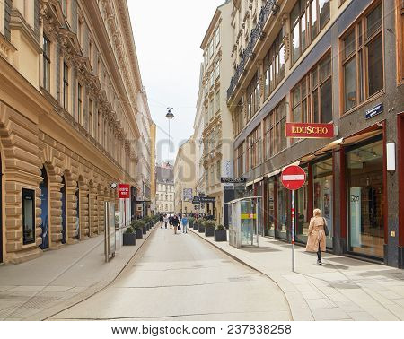 Vienna, Austria - 15 April 2018: Beautiful Streets Of The City With A Stone Pavement.