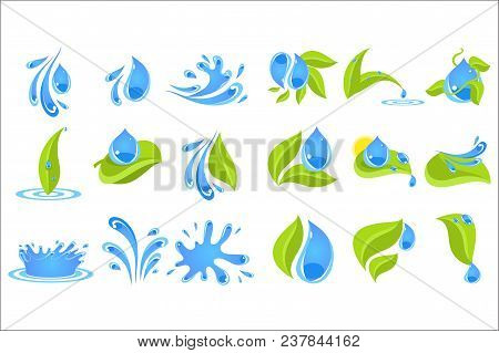 Collection Of Different Blue Drops And Splashes With Green Leaves. Graphic Elements For Logo, Promo 